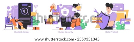 Internet Safety Day set. Digital literacy, cybersecurity and data protection importance. Educating users on safe browsing and personal information defense. Vector illustration.