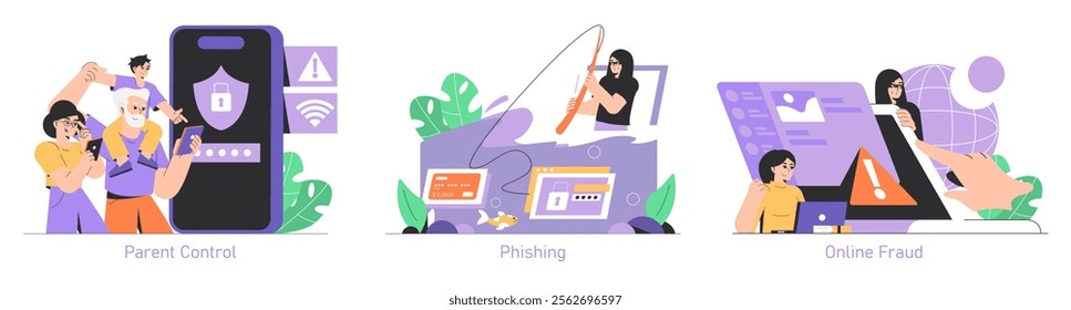 Internet Safety Day set. Family sets parental controls, a hacker phishing, and a person falls victim to online fraud. Vector illustration.