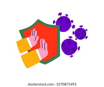 Internet safety. Hands that protect hold a shield from online viruses. Protection from cyber threats and viruses that harm your computer. Vector illustration of covid 19 in cartoon doodle style