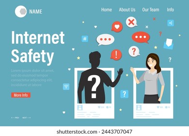 Internet safety, landing page template. Trusting woman communicates with stranger on social media. Talking with an anonymous. Danger of hacker attack, scam or cyberbullying. Dangers of dating online.