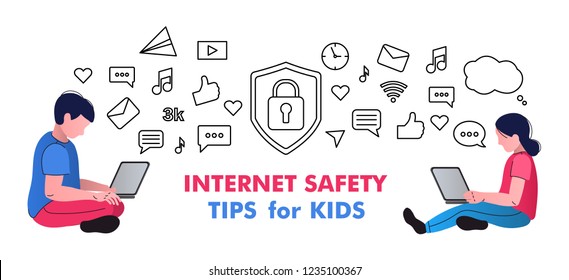 Internet Safety. Vector Flat Conceptual Illustration Of Kids With Computers Sharing Multimedia Information On Internet. Media Icons On Background.