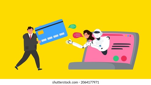 internet scam cyber crime online fraud concept business man gives  a credit card to robot scammer from laptop artificial intelligence vector illustration