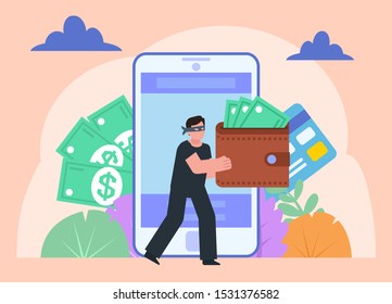 Internet Scam, Hacker, Steal Money From Phone. Thief In Black Steals Electronic Currency, Web Money. Poster For Social Media, Web Page, Banner, Presentation. Flat Design Vector Illustration