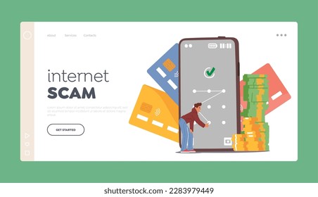 Plantilla de la página de aterrizaje por estafa de Internet. Un Pequeño Personaje Masculino Introduce El Patrón De Contraseña En Una Enorme Pantalla De Smartphone. Protección De Datos, Seguridad Digital Y Tecnología. Ilustración de vectores de personas de caricatura