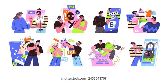 Internet scam, online fraud concept set. Cyber crime, personal data phishing. Hackers, thieves hack accounts, theft digital money, cheats people. Flat isolated vector illustration on white background