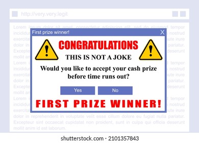 Internet scam. Phishing attempt - fake cash prize winner popup banner.