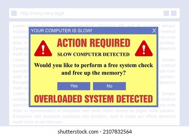 Internet scam. Phishing attempt - fake slow computer system check popup banner.
