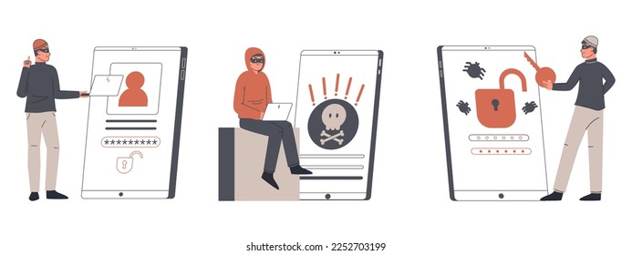 Internet scam phishing. Cyber hacker attack, online cyber crime, computer security, personal data protection flat vector illustration set