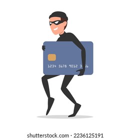 Un estafador o hacker de Internet roba dinero de una tarjeta bancaria y en Internet. Corrupción, ciberataque, fraude web, problemas de seguridad bancaria. Estilo plano, vector.