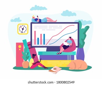 Internet school education online computer technology concept, Child students at home, vector illustration. Boy children characters in a distance lesson study. Studying with flat digital device, book.