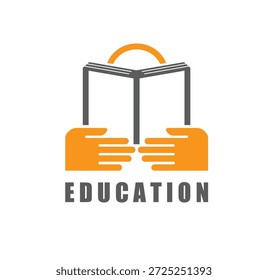 Icono o emblema gráfico del libro de texto de la escuela de Internet. Insignia de libro universitario o universitario, ícono de Vector abstracto de literatura de educación académica. Emblema de la escuela en línea con la persona que sostiene y que lee el libro abierto