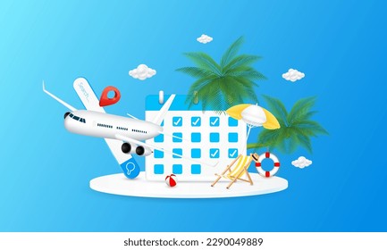 Internet search bar empty, calendar on white podium and deck chair umbrella. Cloud with airplane is taking off. Travel transport searching concept. For making ad media about tourism. 3D Vector EPS10.