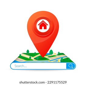 Internet search bar empty. Search house rental or purchase of housing. Home icon in location pin red place on GPS map. Property investment. Real estate sale and buying concept. Isolated 3D Vector