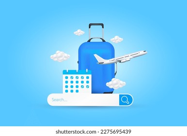 Internet search bar empty and luggage blue, calendar, cloud with airplane is taking off. Travel transport searching concept. For making ad media about tourism. 3D Vector EPS10.