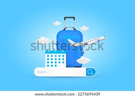 Internet search bar empty and luggage blue, calendar, cloud with airplane is taking off. Travel transport searching concept. For making ad media about tourism. 3D Vector EPS10.