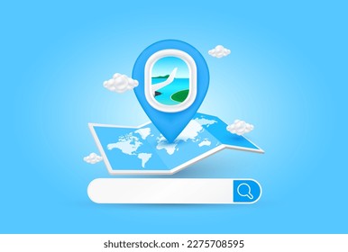 Internet search bar empty and positioning pins on world map paper and cloud. Flight window in pin pointer and location search. For making ad media about tourism. Travel transport concept. 3D vector.