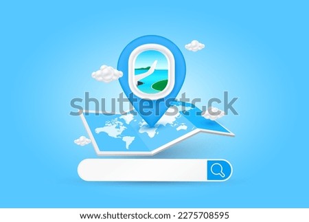 Internet search bar empty and positioning pins on world map paper and cloud. Flight window in pin pointer and location search. For making ad media about tourism. Travel transport concept. 3D vector.