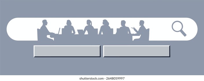 Em uma caixa de pesquisa na internet, há um grupo de empresários discutindo como otimizar sua presença nos mecanismos de pesquisa. Abaixo estão dois botões com espaço de texto para palavras como SEO etc.