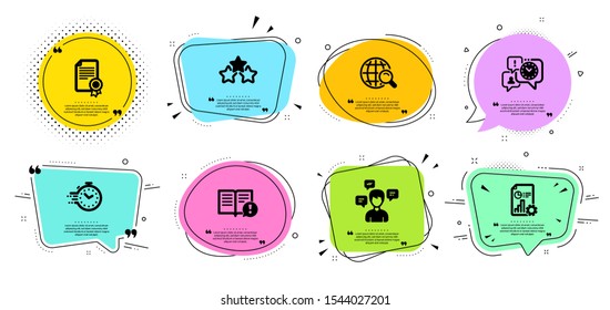 Internet search, Certificate and Time management line icons set. Chat bubbles with quotes. Timer, Conversation messages and Ranking stars signs. Facts, Report symbols. Web finder, Diploma. Vector