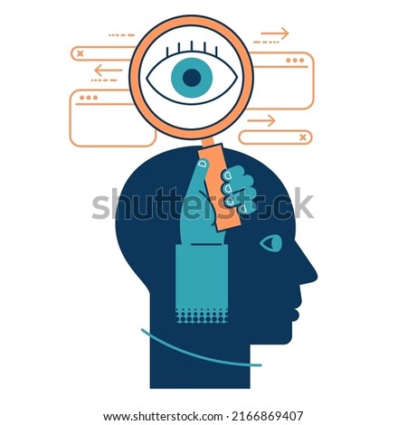 Internet search concept. Hand with a magnifying glass. Human head silhouette. Detecting and analyzing. Inspection, exploration, zoom, scrutiny, audit, analysis concepts.