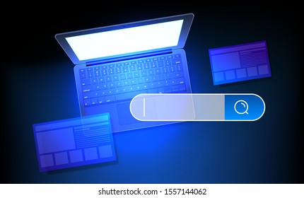 Internet search concept illustration. Modern laptop with shining screen