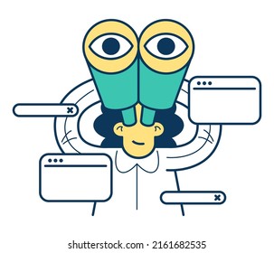 Internet search concept. The process of discovery and research in the network. Cartoon man looks with binoculars. Observation, mission, identification.