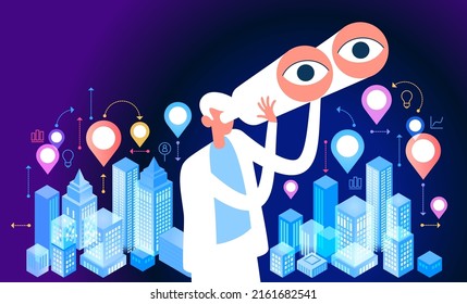 Internet search concept. The process of discovery and research in the network. Man with binoculars on the background of the urban landscape.  Observation, mission, identification.