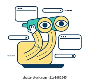 Internet Search Concept. The Process Of Discovery And Research In The Network. Cartoon Man Looks With Binoculars. Observation, Mission, Identification.