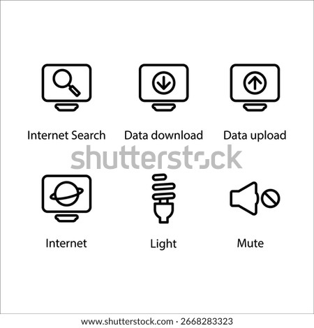 Internet Search, Data download, Data upload, Internet, Light, Mute, Icon, Line icon Set