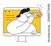 An Internet search, discovery process, exploration, looking forward with binoculars. Mission, identification, surveillance. A cute cartoon man with binoculars watching outside the computer display. 
