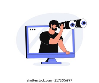 An Internet search, discovery process, exploration, looking forward with binoculars. Mission, identification, surveillance. A cute cartoon man with binoculars watching outside the computer display.