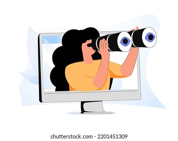 An Internet search, discovery process, exploration, looking forward with binoculars. Mission, identification, surveillance. A cute cartoon man with binoculars watching outside the computer display.