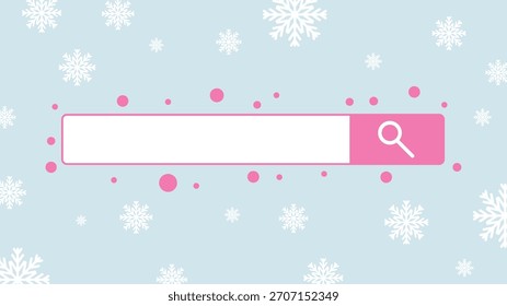 Barra de motor de busca na Internet com flocos de neve de Ano Novo, busca de Natal, motor de busca rosa