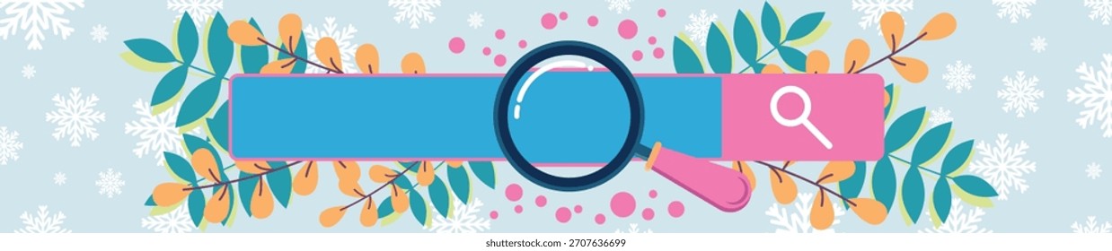  Internet search engine bar with New Year's snowflakes, Christmas search, pink search engine. magnifying glass with Christmas branches