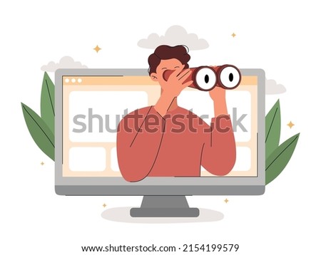 Internet search or exploration concept. Young man holds binoculars and looks out of computer screen. Discovery process, vision of future or surveillance. Cartoon modern flat vector illustration