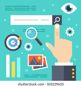 Internet search. Finger touching search button with magnifying glass, searching engine icons, elements. Web surfing, find websites, looking for information concepts. Modern flat vector illustration