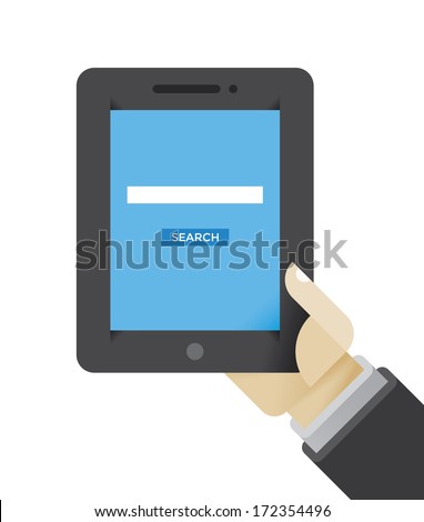 Internet search (Google, Bing, Yahoo, Yandex) page on tablet computer in businessman hand. Concepts: mobile services for business, online shopping, finding products, goods. With space for your text.