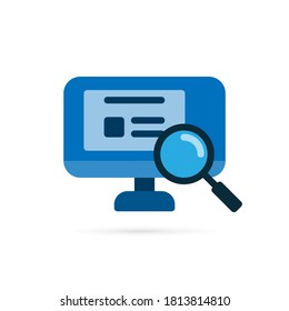Internet search icon. Computer screen and magnifying glass symbol. Blue symbol on white background. Vector illustration.