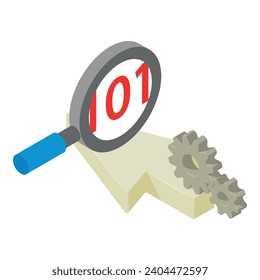 Internet search icon isometric vector. Magnifying glass, red code, cursor and gear. Searching concept, internet technology
