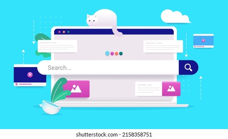 Búsqueda en Internet - Ordenador portátil con barra de búsqueda y elementos web. Concepto de uso en línea, ilustración vectorial