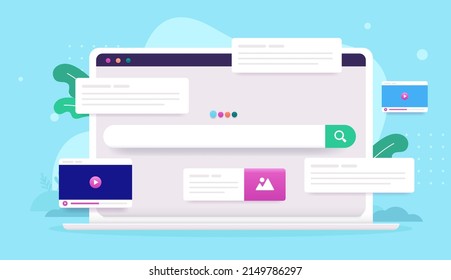 Internet search - Laptop computer screen with search engine and different web elements. Semi flat vector design on blue background