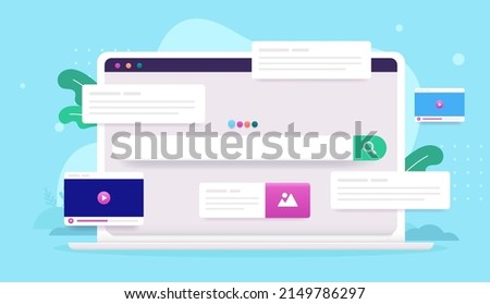 Internet search - Laptop computer screen with search engine and different web elements. Semi flat vector design on blue background