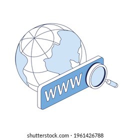Internet search, magnifier, globe. Vector 3d line isometric, web icons, blue color. Creative design idea for infographics.