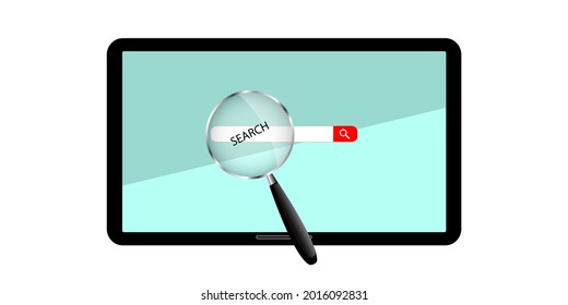 Internet search. Magnifying glass over monitor. Vector illustration.