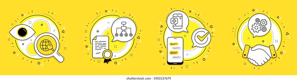 Internet Search, Medical Phone And Restructuring Line Icons Set. Licence, Cell Phone And Deal Vector Icons. Cogwheel Sign. Web Finder, Mobile Medicine, Delegate. Engineering Tool. Science Set. Vector