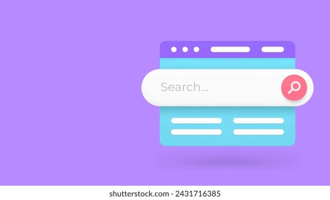 Internet search online global navigation web site bar banner with copy space 3d icon realistic vector illustration. Cyberspace information find user interface browsing tab menu form magnifying glass