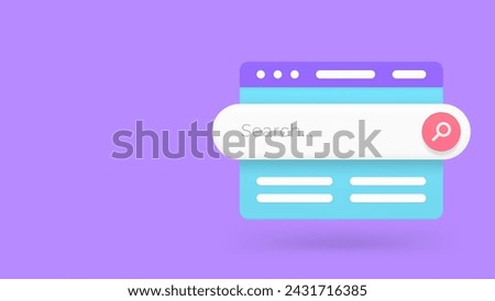 Internet search online global navigation web site bar banner with copy space 3d icon realistic vector illustration. Cyberspace information find user interface browsing tab menu form magnifying glass