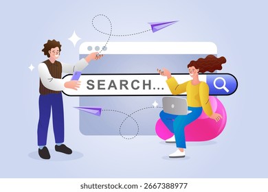 Internet search and online information concept. A man and a woman use a large search bar to find data, symbolizing research and digital discovery.