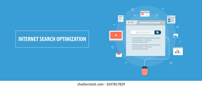 Internet search optimization, SEO strategy and marketing flat vector illustration with marketing icons