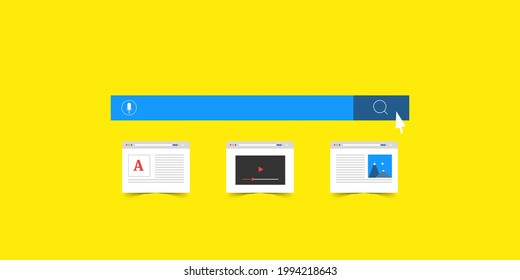 Internet Search, Search result, SEO, Search bar - conceptual vector illustration isolated on yellow background